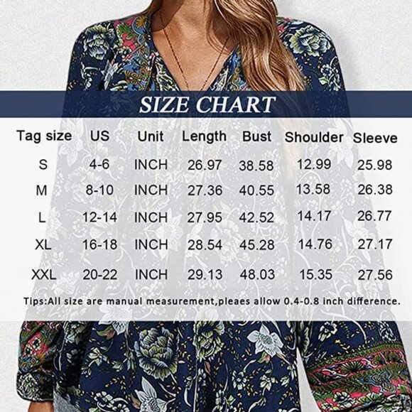 Navy Blue Boho Floral Printed Tie V-Neck Loose Flowy Long Sleeve Top Blouse - Picture 5 of 6